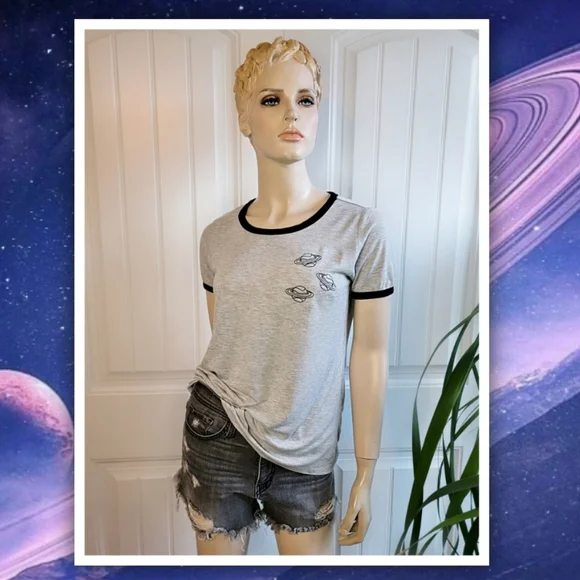 Darling Blue women's sz M heather gray ringer tee with embroidered plane… - Picture 2 of 7